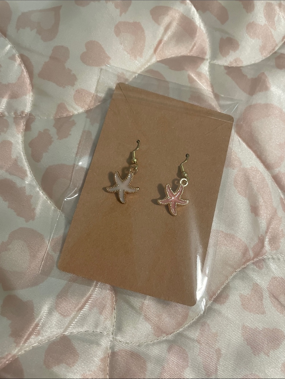 Gold-tone Starfish Drop Earrings in White and Pink. Hand made earrings